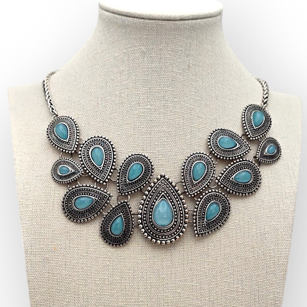 Turquoise Mosaic Ornate Necklace Silver Tone - Mediterranean Coastal